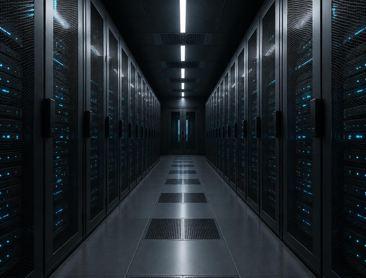 Symmetric data centre corridor lined with dark server racks and small cyan indicator lights